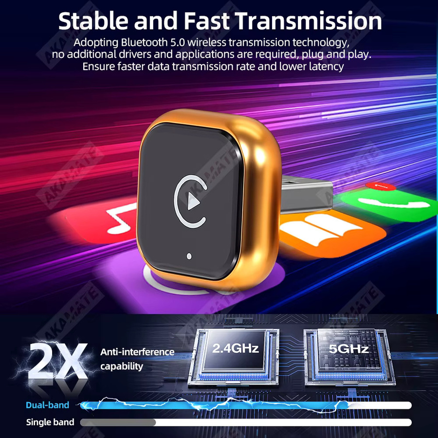 AKAMATE 2-in-1 Adapter für kabelloses CarPlay und Android Auto mit Bluetooth und USB-C in Orange und Gold - Bild 5