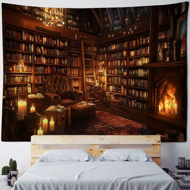 VIKAMA Wandteppich mit Bücherregal-Motiv in Vintage-Optik, Mehrfarbig, Rechteckig, Breite: 60 cm, Höhe: 60 cm - Bild 1