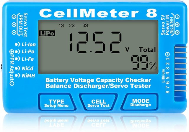 TOMTOP JMS Digitaler 8-in-1 Batterieprüfer für Li-Ionen, Lipo, LiFe und NiMH Spannungsprüfer in Blau - Bild 1