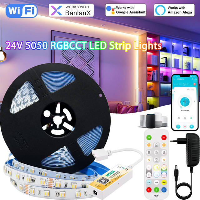 YSRSAI RGBCCT 5-in-1 LED-Streifen 5050 SMD mit Mini WIFI Bluetooth Controller für Alexa und Google Home, 24V, Multicolour - Bild 1