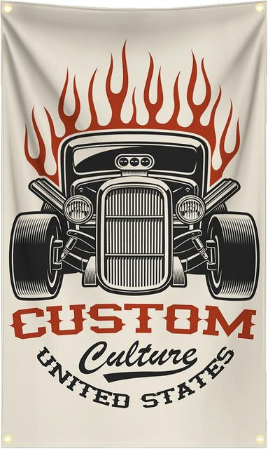 JMG Household Supplies Klassische Hot Rod Custom Car Flagge Wandteppich aus Polyester mit Digitaldruck, Mehrfarbig, B: 90 cm, H: 150 cm - Bild 1