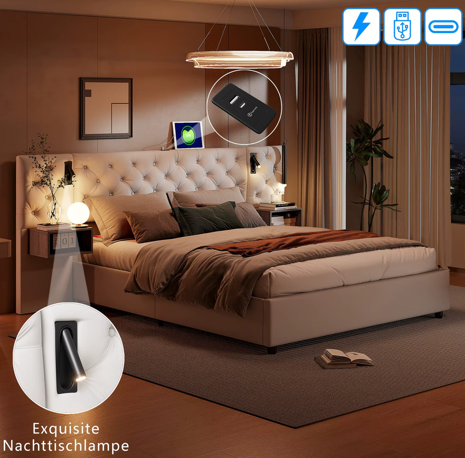 Rosahqnda Polsterbett mit LED, USB und Stauraum, Doppelbett mit 2 Nachttischen, Samtbeige, B/T/H: 140 x 200 cm - Bild 3