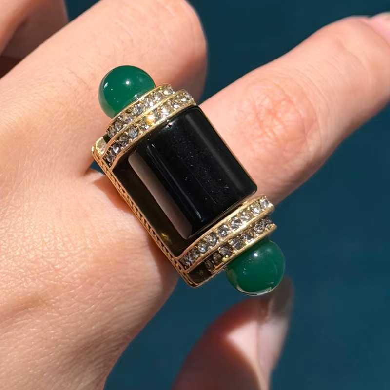 Icareu Ring, schwarzer Achat, grüner Naturstein, goldfarben, Damen - Bild 6