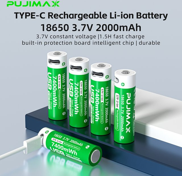 PUJIMAX Wiederaufladbare 18650 Lithium-Batterien mit Typ C Anschluss, 2000 mAh, 3,7 V, Farbe Grün - Bild 1