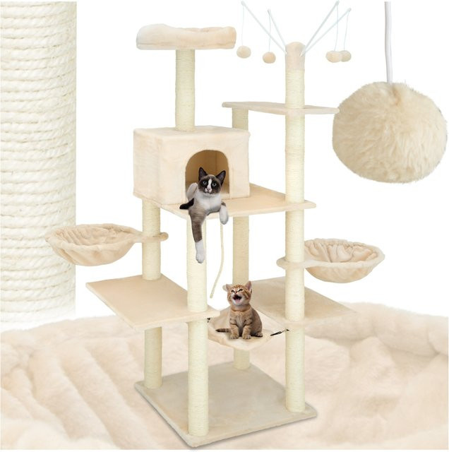 tectake Kratzbaum beige aus Plüsch mit Katzenhaus, Hängematte und integriertem Spielzeug, Höhe: 165 cm - Bild 1
