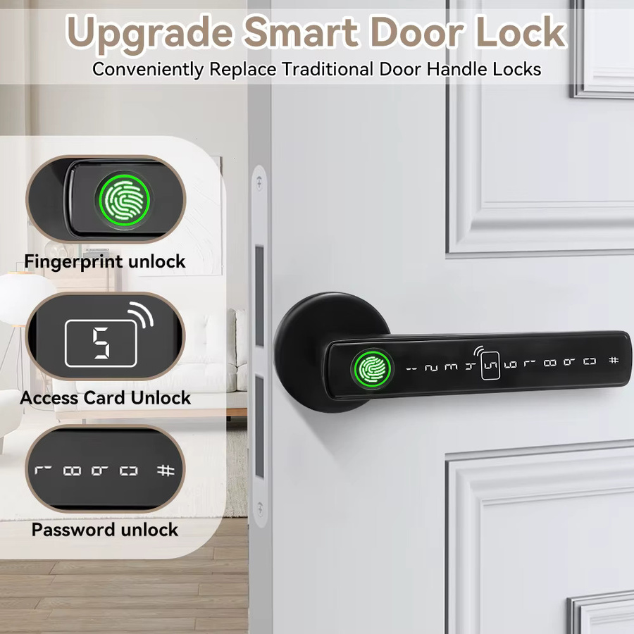 Tuya Smart Türschloss in Schwarz mit Fingerabdruck, Passwort, IC-Karte und App-Steuerung für Smart Home Anwendungen - Bild 2
