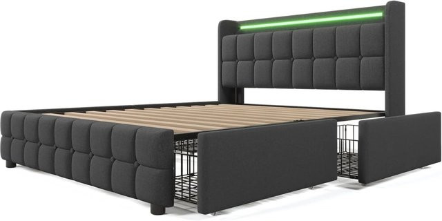 okwish Polsterbett Grau mit LED-Beleuchtung, USB-Anschluss und Schubladen, B/T/H: 140 x 200 x 103,5 cm - Bild 1