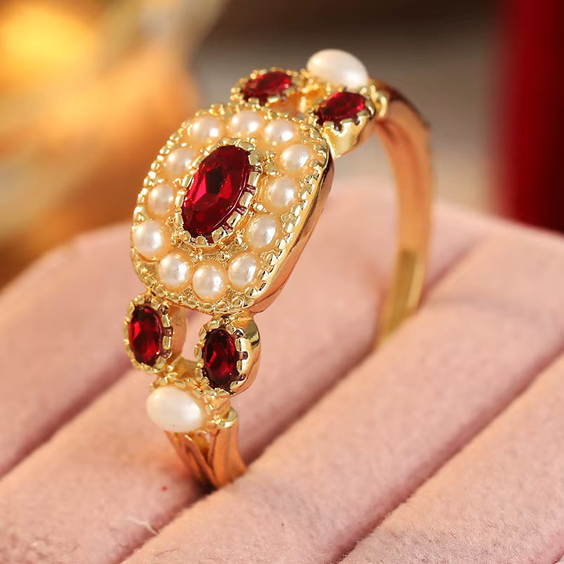 Ring für Damen, Imitationsperlen, rote Zirkonia, goldfarben - Bild 1