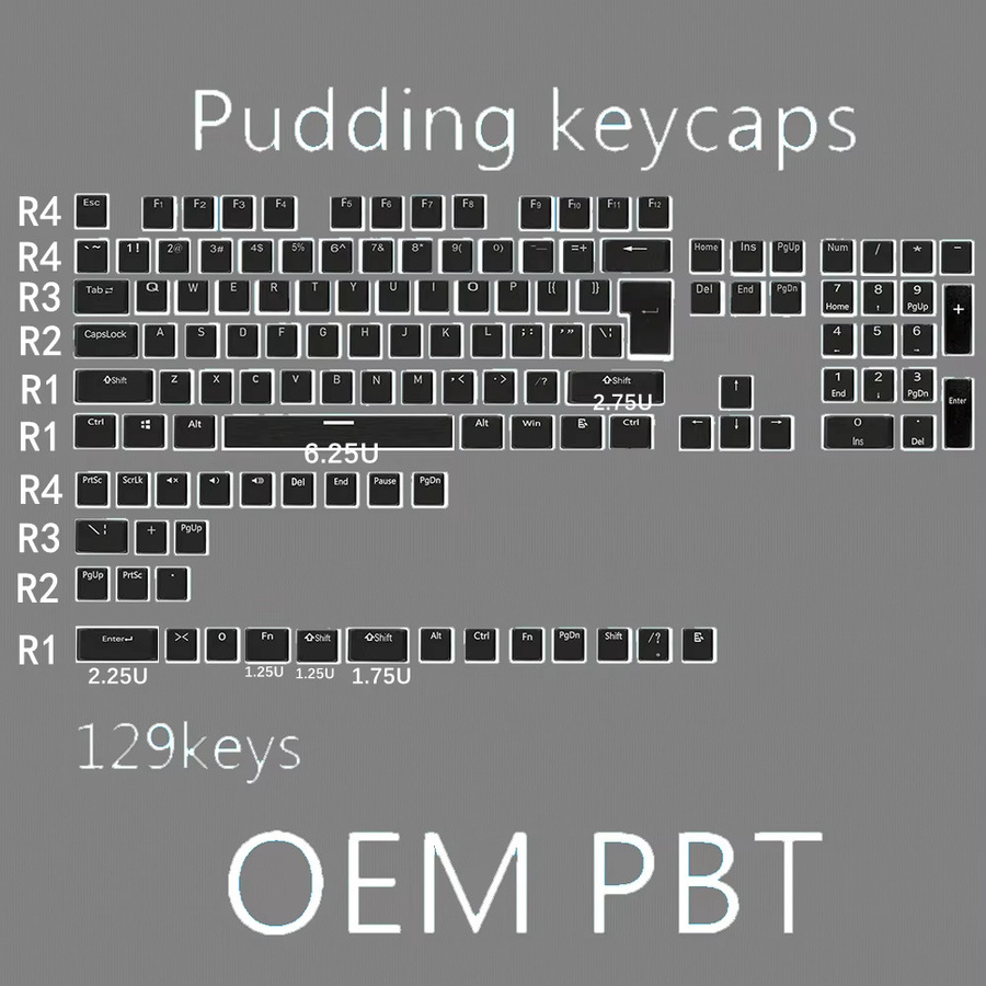 KOYDing Pudding Tastenkappen für mechanische Tastaturen aus PBT-Material in Schwarz mit transparenter Oberseite und transparenter Seite im OEM-Profil - Bild 5