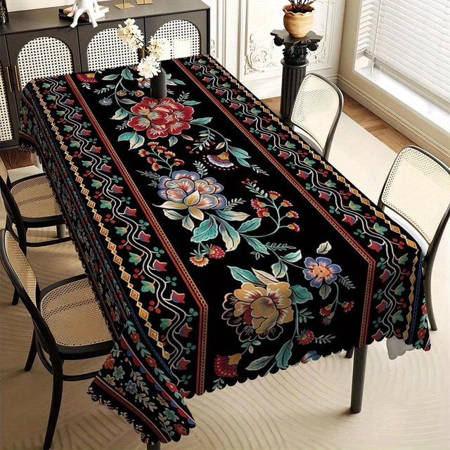 Bohemian Blumen-Tischdecke von JMG Household Supplies mit buntem ethnischem Blumendruck auf schwarzem Hintergrund, fleckenabweisend und rechteckig, B/L: 100 x 160 cm - Bild 1
