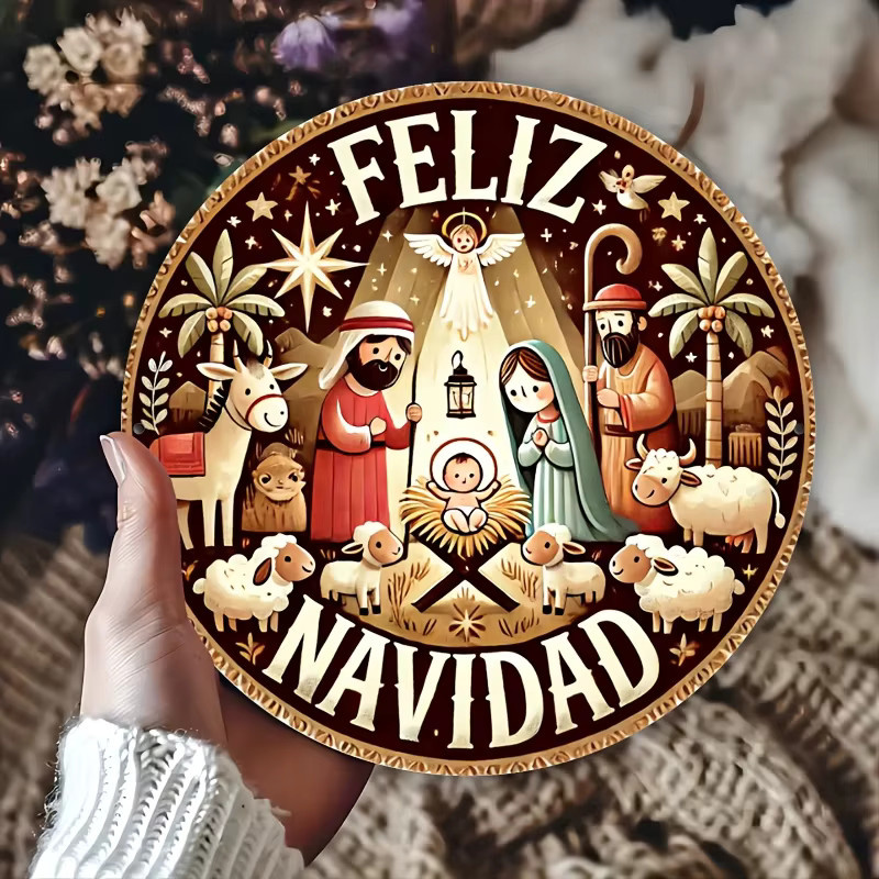 Potdemiel Feliz Navidad Weihnachts-Metallwandkunstschild aus Aluminium, rund, Mehrfarbig, Durchmesser: 20,3 cm - Bild 3