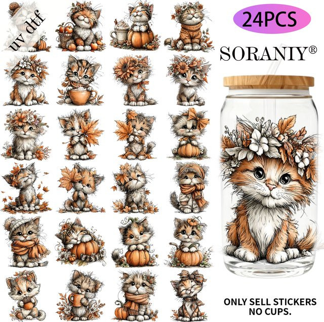 24er Set UV DTF Transferaufkleber mit herbstlichem Katzen-Design für 16oz Glas-Wasserflaschen, Mehrfarbig - Bild 1