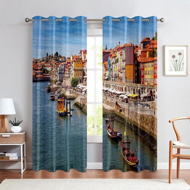 Yiran Furniture Vorhänge im Industriestil mit Stadtgebäude-Motiv, Schwarzweiß, 2er-Set, B: 50 cm, H: 160 cm - Bild 1