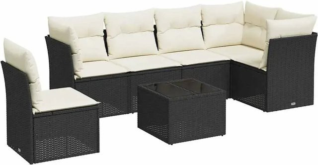 vidaXL 7-teilige Garten-Sofagarnitur in L-Form aus Poly-Rattan in Schwarz mit Sitzkissen und Stauraum - Bild 1