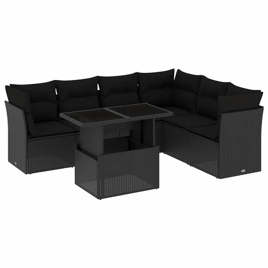 vidaXL 7-teilige Garten-Sofagarnitur in L-Form aus Poly-Rattan mit Kissen, Schwarz - Bild 2