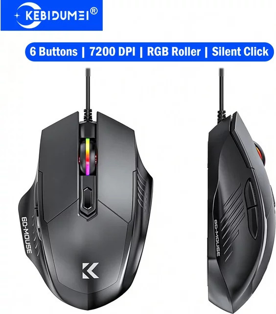 KEBIDUMEI RGB Gaming-Maus mit 7200 DPI, 6 Tasten und ergonomischem Design in Schwarz/Mehrfarbig - Bild 1