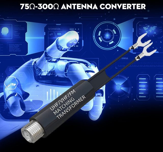 UHF VHF FM Antennen Transformator Adapter 75 Ohm auf 300 Ohm Konverter mit F-Buchse in Schwarz - Bild 1