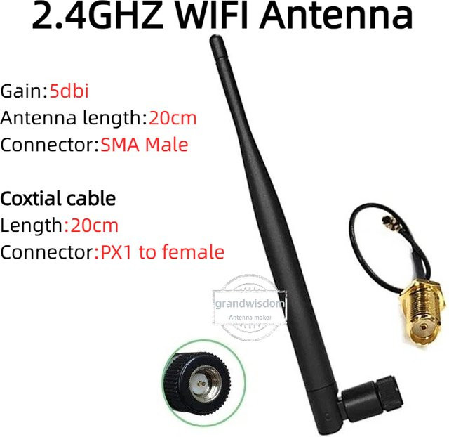 2 Sets GRANDWISDOM 2,4 GHz WLAN-Antennen mit 5dBi Verstärkung, SMA-Stecker und Koaxialkabel-Buchse, Schwarz, für RF Meshtastic Antennen - Bild 1
