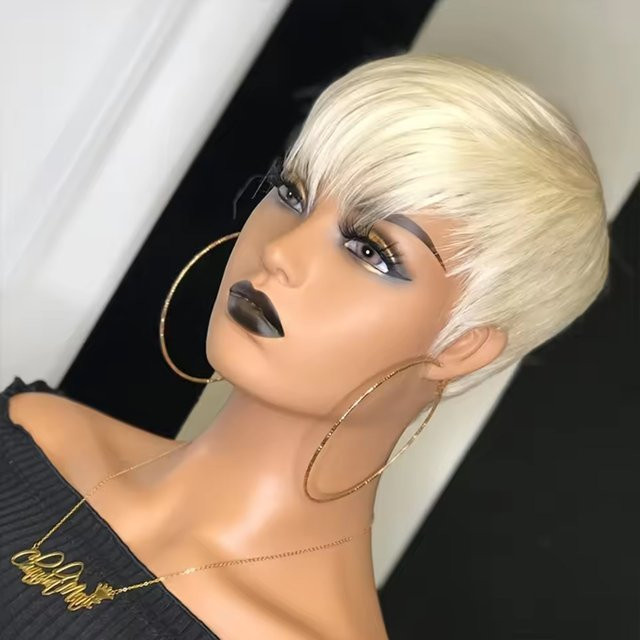 OYM HAIR Blonde Pixie-Cut-Perücke mit Pony, brasilianisches Remy-Echthaar, glatt, geschichtet, Damen - Bild 1
