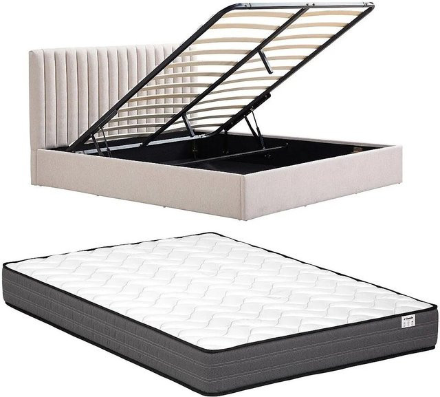 Vente-unique Bett Saraneli mit Bettkasten in Beige, B/T/H: 148 x 190 x 103 cm - Bild 1