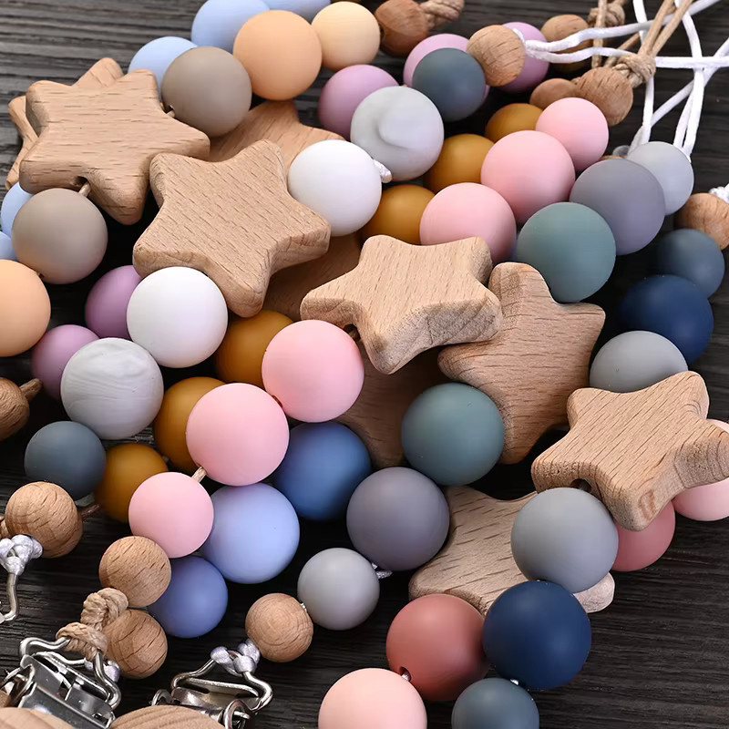 Baby Schnullerkette mit Beißring aus Holz und Silikon, Pentagramm-Design, Mehrfarbig - Bild 2