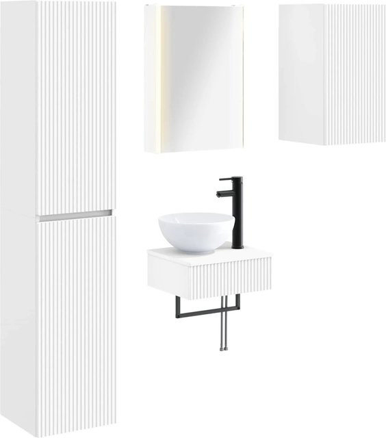 vidaXL Badezimmermöbel-Set 5-teilig in Weiß aus Ingenieurholz und Glas mit LED-Beleuchtung und Spiegelschrank, modern und wandmontiert - Bild 1
