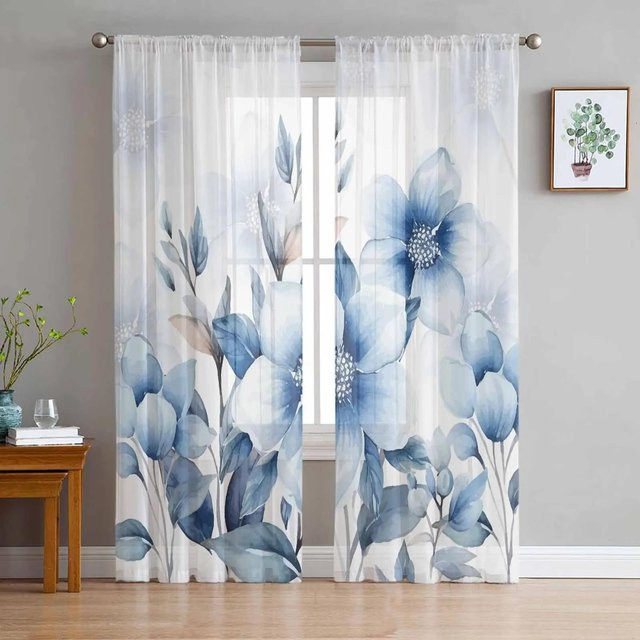 A Family Of Home Textiles Transparentes Tüll-Voile Vorhang mit Blumenmuster in Blau, B: 135 cm, H: 213 cm - Bild 1