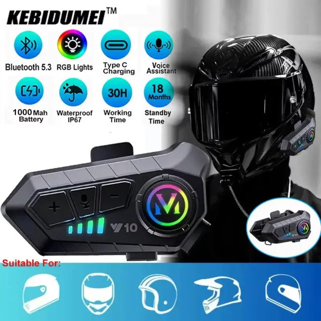 Kebidumei Bluetooth 5.3 Motorradhelm-Headset mit Sprachsteuerung, Freisprecheinrichtung und IPX6 Wasserdichtigkeit in Schwarz - Bild 1