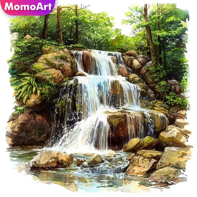 Momoart DIY Diamantmalerei Wasserfall Landschaft mit runden Steinen in Multicolour, B/H: 20 x 20 cm - Bild 1