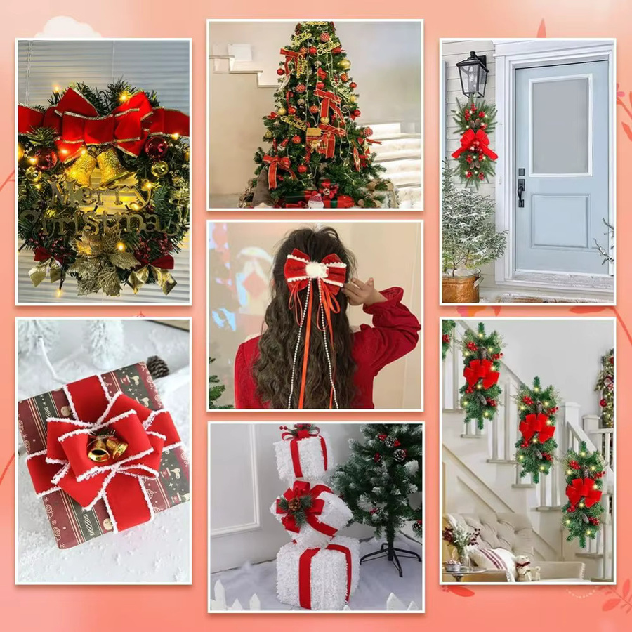 Rotes Weihnachts-Samtband mit weißen Fransen, Breite: 6,35 cm, Länge: 9,14 m - Bild 5