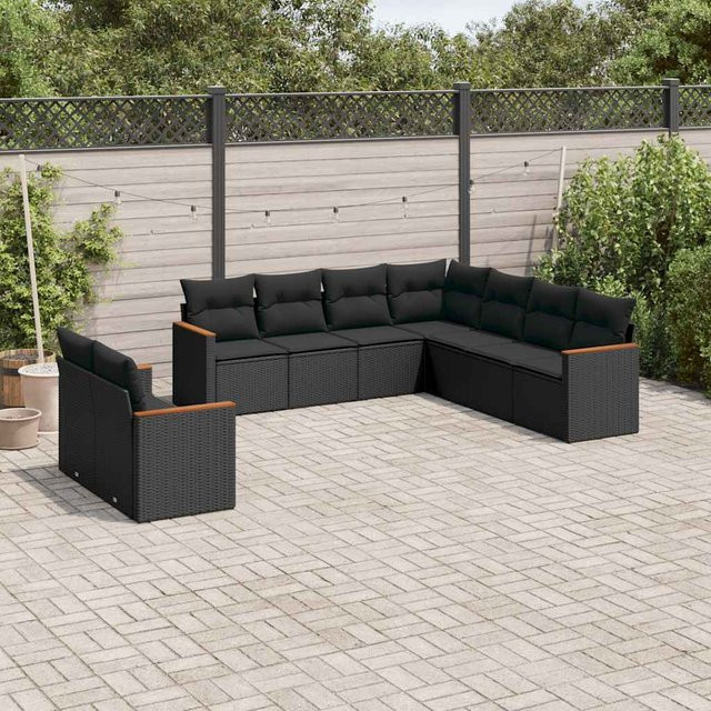 vidaXL 9-tlg. Garten-Sitzgruppe in L-Form mit Kissen, Schwarz - Bild 3