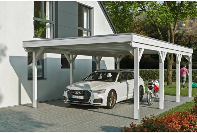 Skan Holz Carport Grunewald aus Fichten-Leimholz mit EPDM-Dach in Weiß, B: 427 cm, T: 796 cm, H: 251 cm - Bild 1