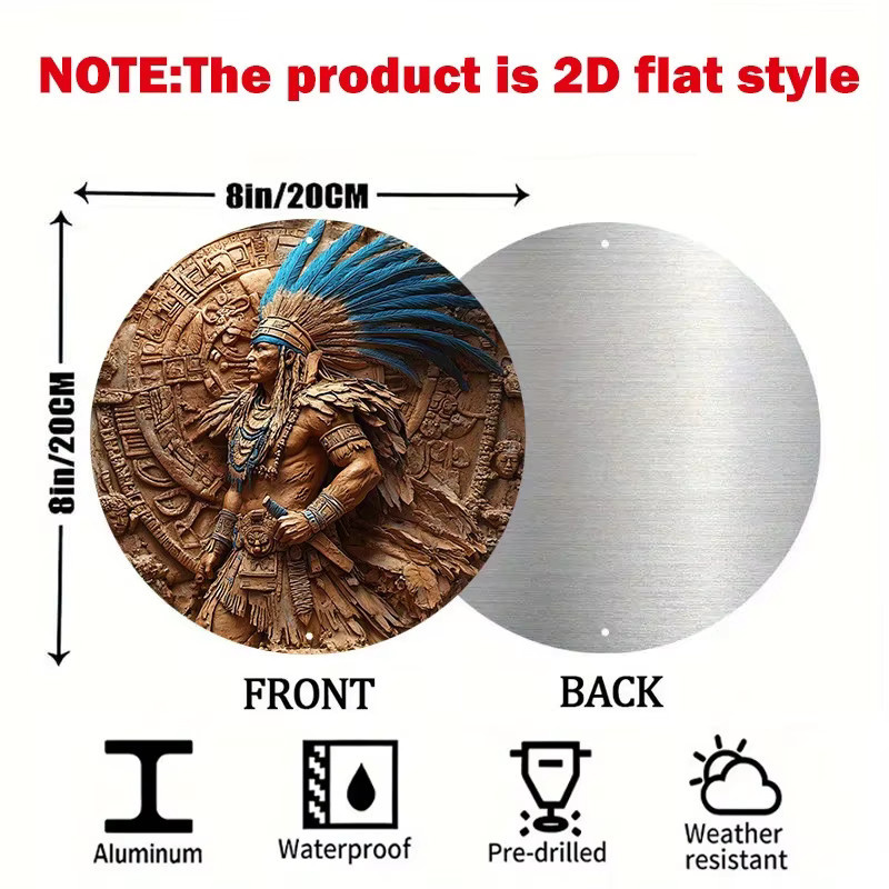 Potdemiel Azteken-Krieger Wandkunst aus Metall, rundes Retro-Metallschild in Braun, Durchmesser: 20,3 cm - Bild 3