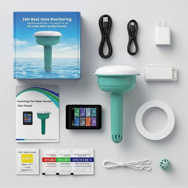 Yieryi 8-in-1 Digitaler WLAN-Wassertester für pH, Chlor, Salzgehalt und Temperatur zur Messung in Schwimmbädern und Spas - Bild 1