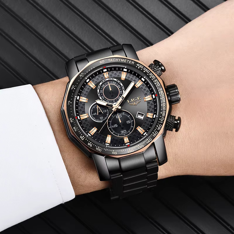 LIGE Chronograph, Quarz, Edelstahl, Silikon, Schwarz, Herren - Bild 2