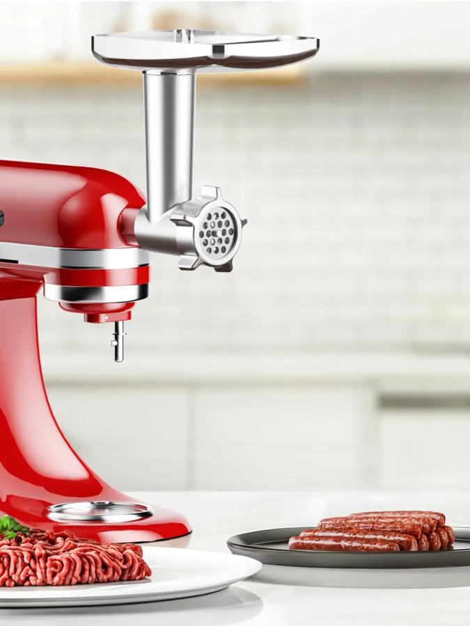 Gvode Metall-Fleischwolf-Aufsatz für KitchenAid Standmixer in Silber mit 4 Mahlplatten, 3 Wurstfüllern und 2 Klingen - Bild 6
