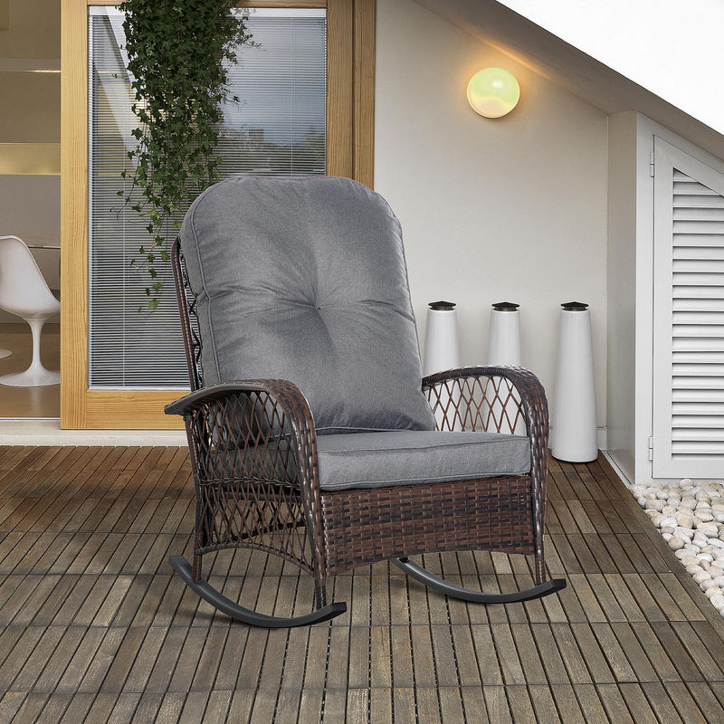 Outsunny Poly Rattan Schaukelstuhl mit Kissen in Braun, bequemer Schaukelsessel für Garten und Terrasse, B/T/H: 75 x 103 x 96 cm - Bild 2