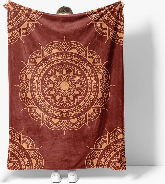 JMG Household Supplies Türkische Boho Mandala Fleecedecke mit geometrischem Muster in Rot, B/B: 130 x 150 cm - Bild 1