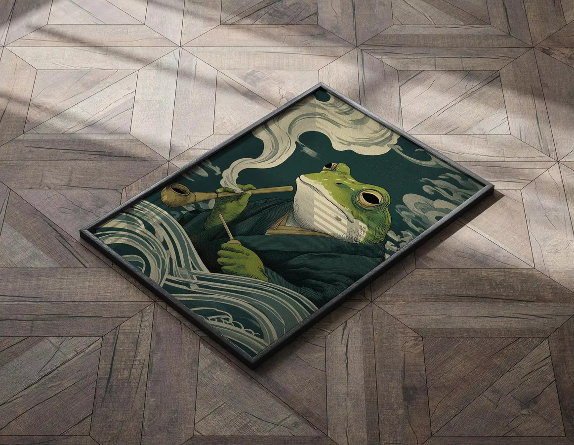 Vintage Japanisches Frosch-Poster von SHENCHEN als skurriler Wanddruck mit rauchendem Frosch in Mehrfarben - Bild 3