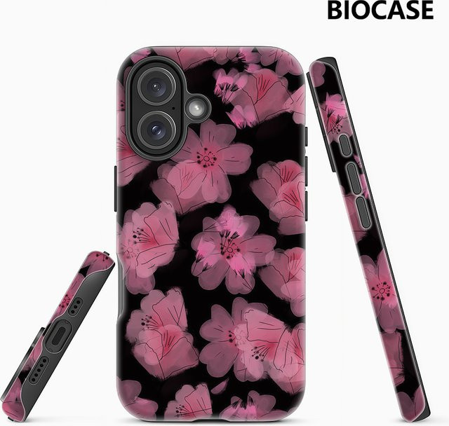 Apple iPhone Schutzhülle mit rosa Blumen auf schwarzem Hintergrund, doppelschichtige Rückabdeckung für iPhone 17/16/15/14/13/12 Pro Max Plus - Bild 1