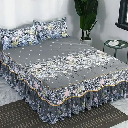 3-teiliges Bettwäsche Set Super Six mit Stickerei bestehend aus Tagesdecke, Bettrock und Kissenbezügen in Grau, B/T: 200 x 220 cm