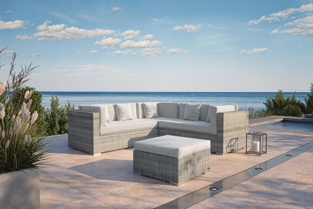 OUTFLEXX Gartenlounge für 5 Personen in Desert-Beige, 4-teiliges Polyrattan-Set mit Kissenboxfunktion und Polsterkissen, wetterfestes L-Shape Loungemöbel für Garten und Terrasse - Bild 1