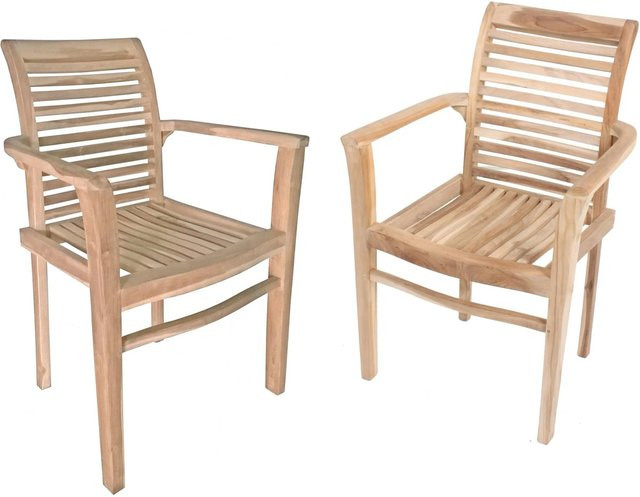 DELUKE Gartenstuhl 2er Set MEIKE aus Teakholz in Natur Braun mit Armlehnen, stapelbare Outdoor Essstühle - Bild 1