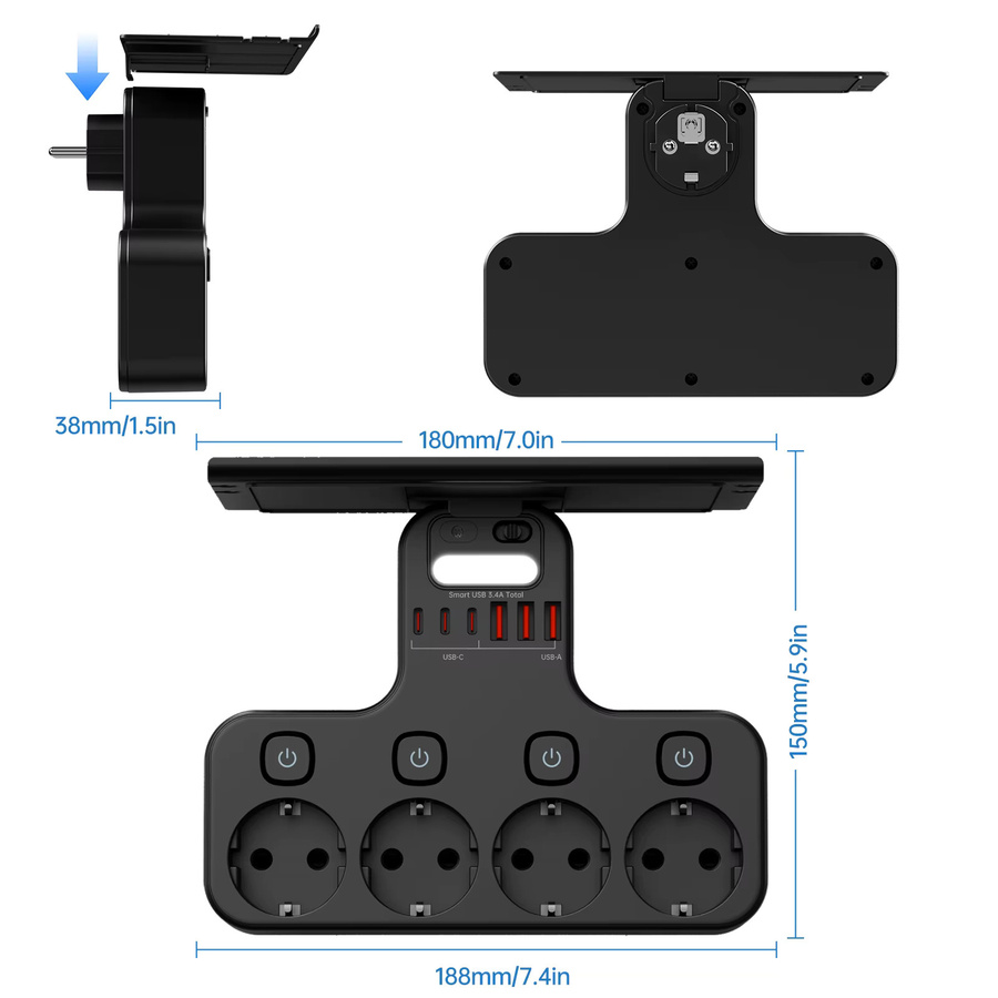 Multifunktions-Steckdosenleiste in Schwarz mit 4 AC-Anschlüssen, 3 USB-C und 3 USB-A Anschlüssen, 3250W, Wandmontage mit unabhängigen Schaltern und Sensor-Nachtlicht - Bild 5
