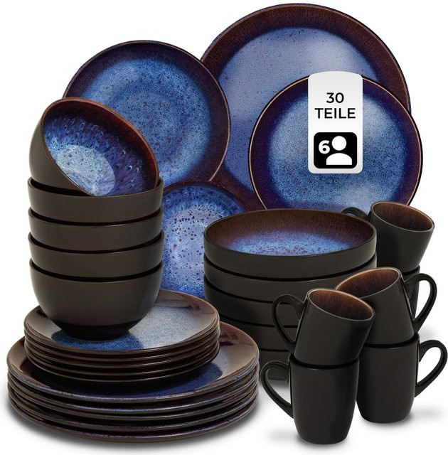 tectake Kombiservice Mare für 6 Personen aus Steingut in Blau, handgefertigt, stapelbar, mikrowellen- und spülmaschinenfest, B/T/H: 26,5 x 26,5 x 2,5 cm - Bild 1