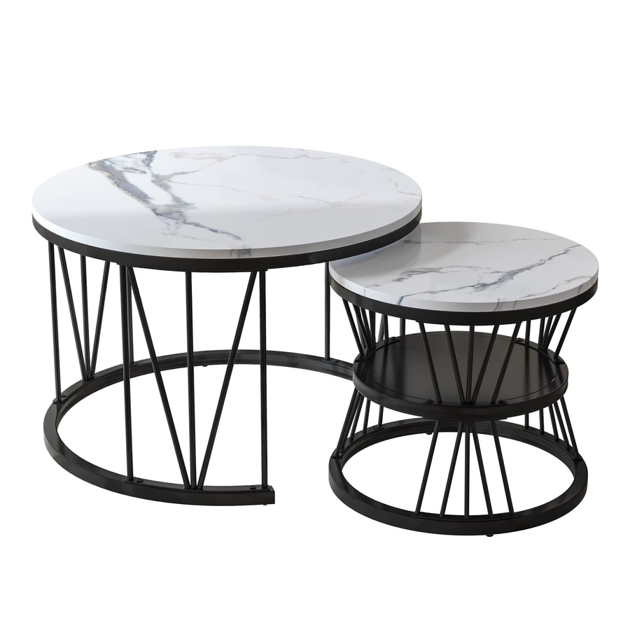 Comanlai 2er-Set moderne runde Couchtische in Weiß mit Marmor-Optik und Metallrahmen - Bild 5