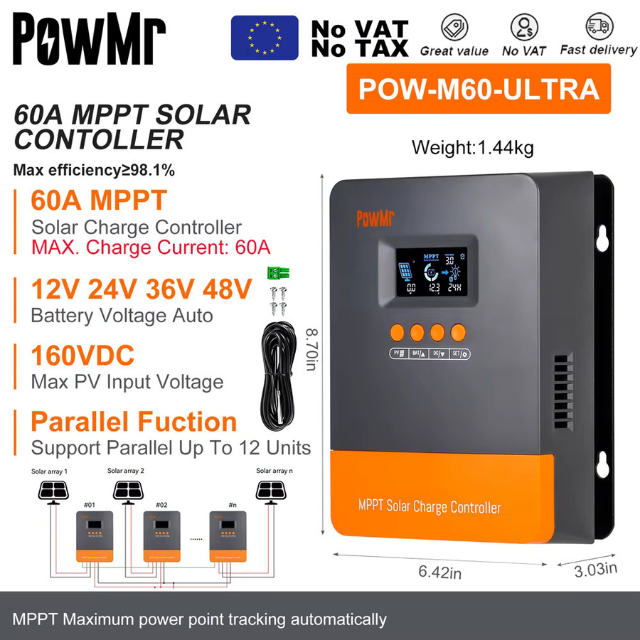 PowMr MPPT Solar Ladegerät Controller mit LCD für 12V 24V 36V 48V Blei-säure und LiFePO4 Batterien - Bild 2