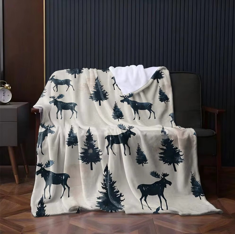 Weiche Flanell Decke mit Rentier und Zeder Muster, Fluffy Überwurf aus Polyester für Erwachsene - Bild 3