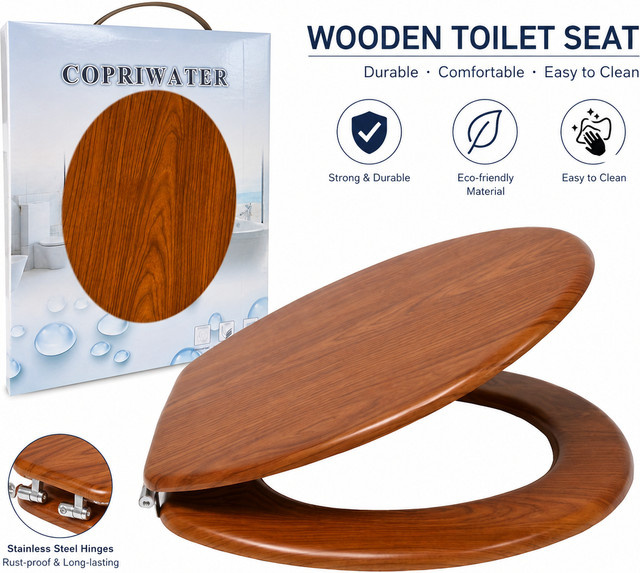 Dunkelbraune WC-Brille in Holzoptik aus MDF mit ovalem Design und rostfreiem Verschluss, antibakteriell und wasserdicht - Bild 1