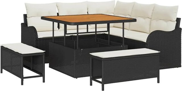 vidaXL Garten-Sofa-Set 8-teilig in Schwarz und Beige mit Polstern und Couchtisch aus Poly-Rattan und Metall - Bild 1